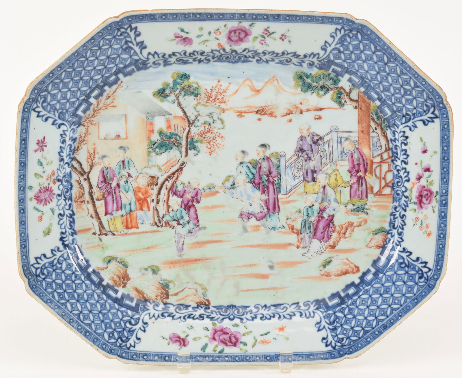 Chinese export porcelain tray. 18th century. Famille rose decoration of figures in a garden with (1 of 3)