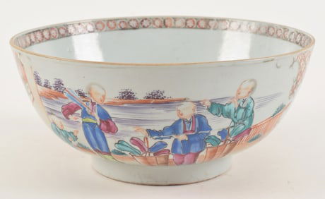 Chinese export bowl. 18th century. Famille rose decoration of figures in landscapes. 8 x 3.25in.