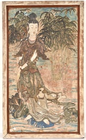 Plaster panel. China. 18th century or earlier. Painted scene of the "water moon Kuan Yin". 34 x