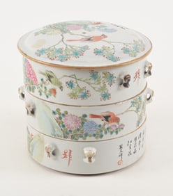 3-tiered porcelain box. China. Ca. 1930. Famille rose decoration of birds and flowers. 8 x 7.5in.