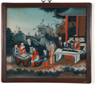 Reverse painted glass panel. China. 19th century. Scene of the immortals. Rosewood frame. 19 x 28in.