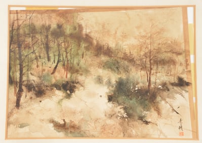 Chinese watercolor painting. Abstract landscape. Signed and with seal mark lower right. Framed under