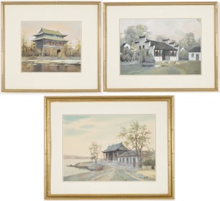3 paintings. China. Early 20th century. Gouache on cloth. Scenes from the environs of Beijing. Each