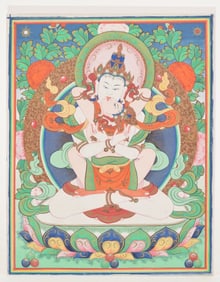 Buddhist icon. Tibet. 19th century. Thangka image of Vajrasattva in yabyum. Ink, colors, and gilt on