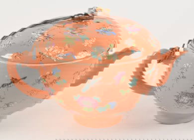 Porcelain teapot. China. Mid 19th century. Orange ground decoration with insects and flowers. 6 x