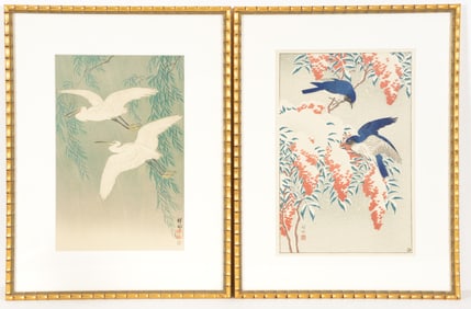 Shoson Ohara. "White Herons and Willow" and "Nandina Bush and Flycatchers in Snow". 2 Japanese color