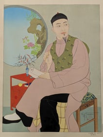 Paul Jacoulet. "L'Homme Qui Ecrit. Chinois". Color woodblock print of a seated scholar. Signed in