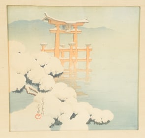 Kawase Hasui. "Lingering Snow at Miyajima". Japanese color woodblock print. Matted. Sheet size: