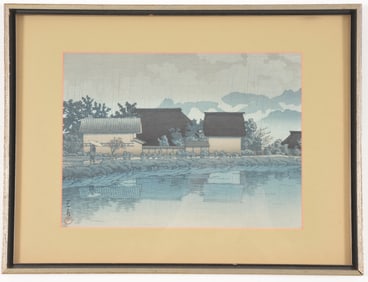 Kawase Hasui. "Rainy Yasuniwa, Nagano Prefecture". Color Japanese woodblock print. Framed under