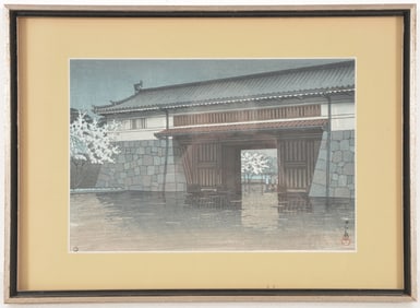 Kawase Hasui. "Spring Rain at Sakurada Gate". Color Japanese woodblock print. Framed under glass.