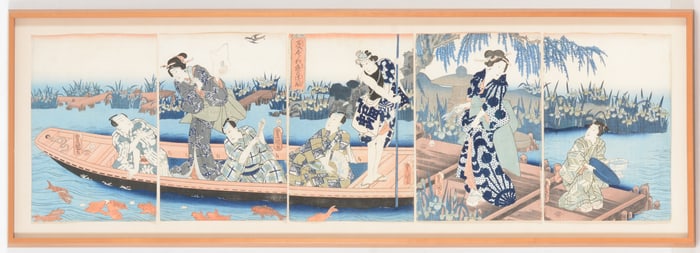 Japanese woodblock framed Toyokuni III. Fresh breeze of the garden without a summer. 1858. Complete