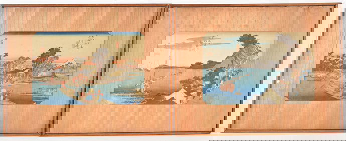Hiroshige. "Kanagawa" and "The Rokugo Ferry". 2 Japanese color woodblock prints. Framed. Overall: