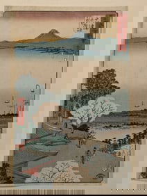 Lot of 6 Japanese artworks. 5 woodblock prints including "Kanbara: Night Snow" by Hiroshige, "City