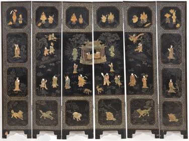 6 panel screen. China. Mid 20th century. Surface inlaid with carved hardstone, figures of the