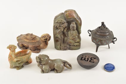 Lot of 7 assorted works: champleve censer, blue enamel crab pin, iron censer, and 4 stone carvings.