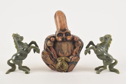 Polychrome soapstone figure and pair of jade horses.