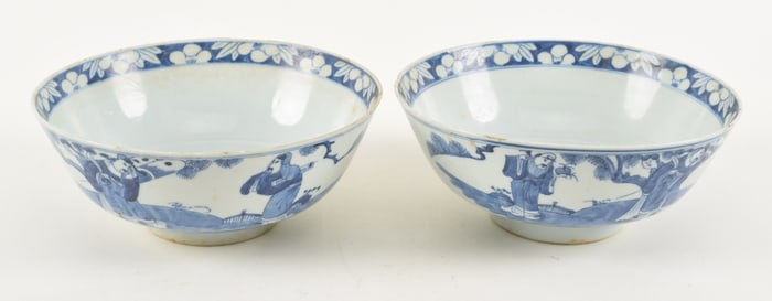 Pair of 19th century blue and white porcelain bowls. China. Chips. 8.5in diameter. Provenance: From