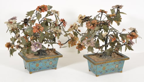Hardstone trees. China. Ca. 1920. Flowers and leaves of jade, amethyst, carnelian, and others. 18 x