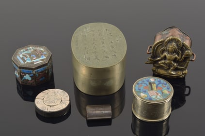 Lot of 6 items. To include: altar piece, enamel silver boxes, export silver compartmental box,