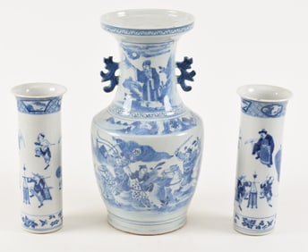 3 porcelain vases. China. 19th/early 20th century. 2 rouleau vases with street performers and a