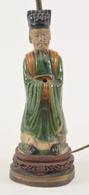 Tomb figure of an official. San Tsai ware. Ming period (1368-1644). 10.5in high. Mounted as a lamp.