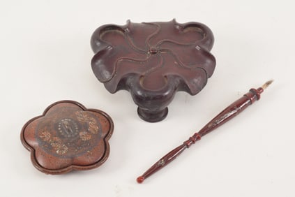 Lot of 3 lacquer works. Signed, carved tripod base stand, covered lobated box, and a brush.
