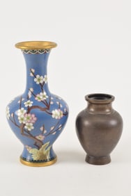 Lot of 2 items. China. 19th century bronze vase (dented) 6in and a 20th century cloisonne vase, 10in