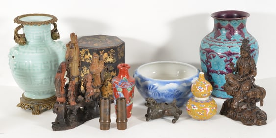 Lot of 10 items. To include 5 porcelains, 3 bronzes, a bamboo Kuan Yin and a soapstone immortals