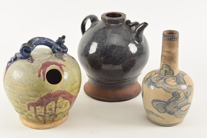 Lot of 3 stoneware pieces. To include: a lime pot, a spouted storage jug, and a vase decorated with