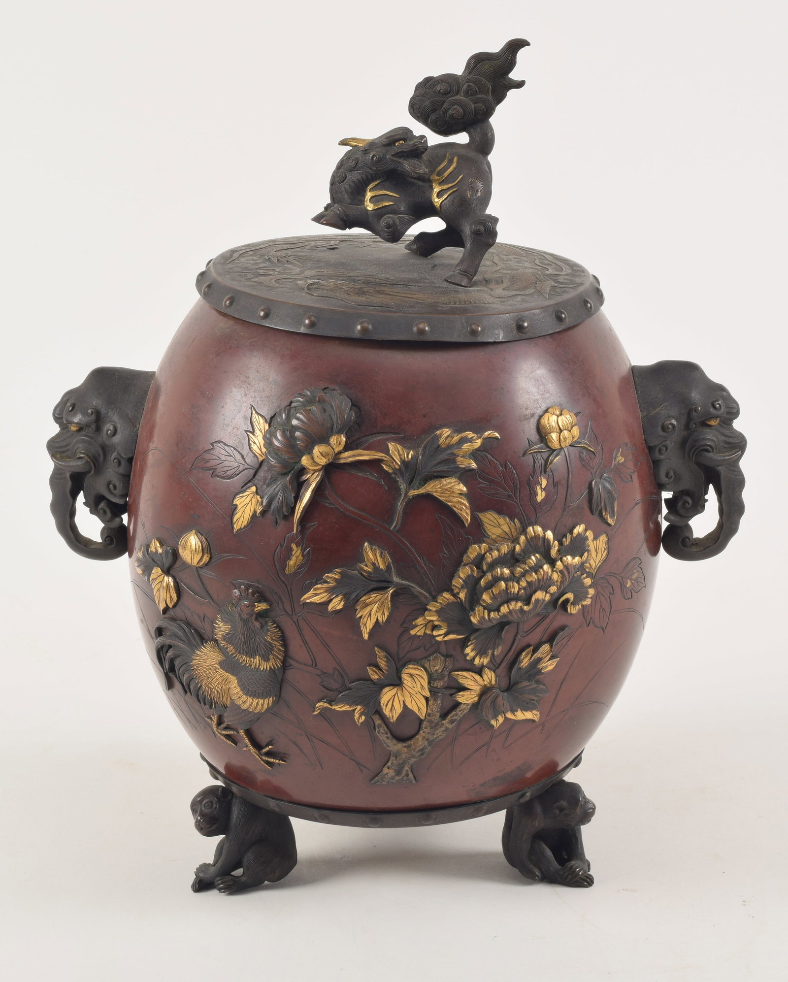 Mixed metal jar with cover. Japan. Meiji period (1868-1912). Oviform shape with decoration of rooste (1 of 7)