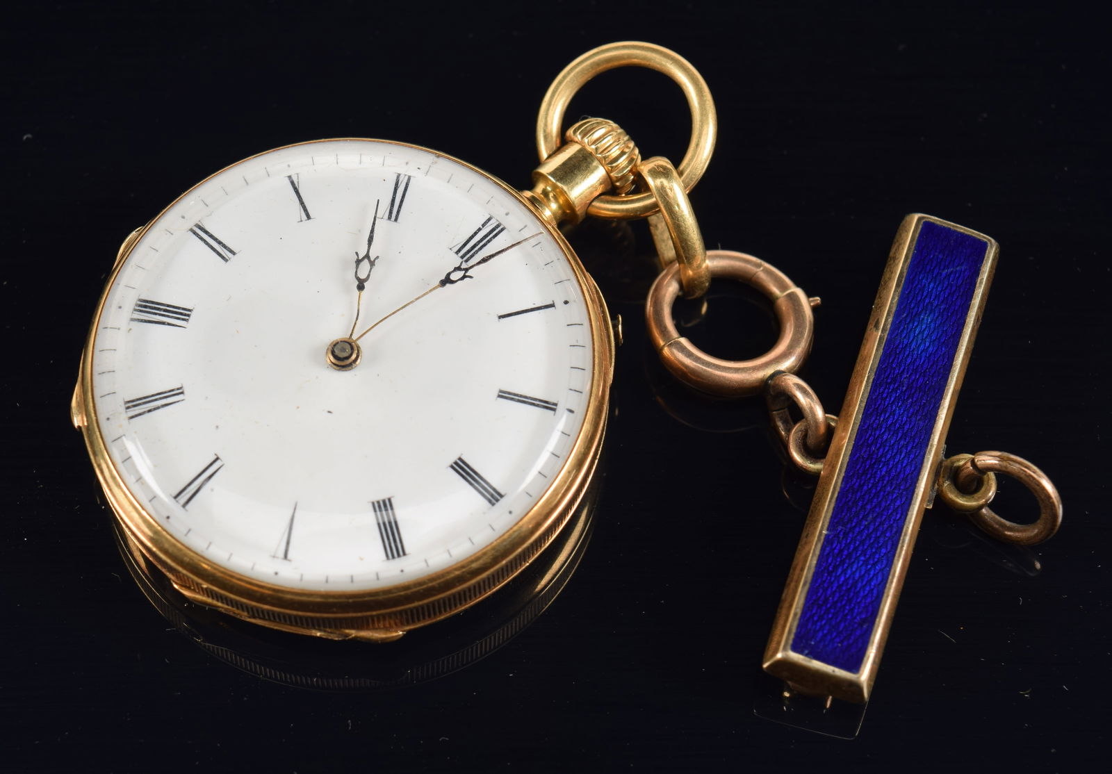 Antique 18K gold Swiss open face pocket watch. Back of case set with 9 small mine cut diamonds in a (1 of 6)