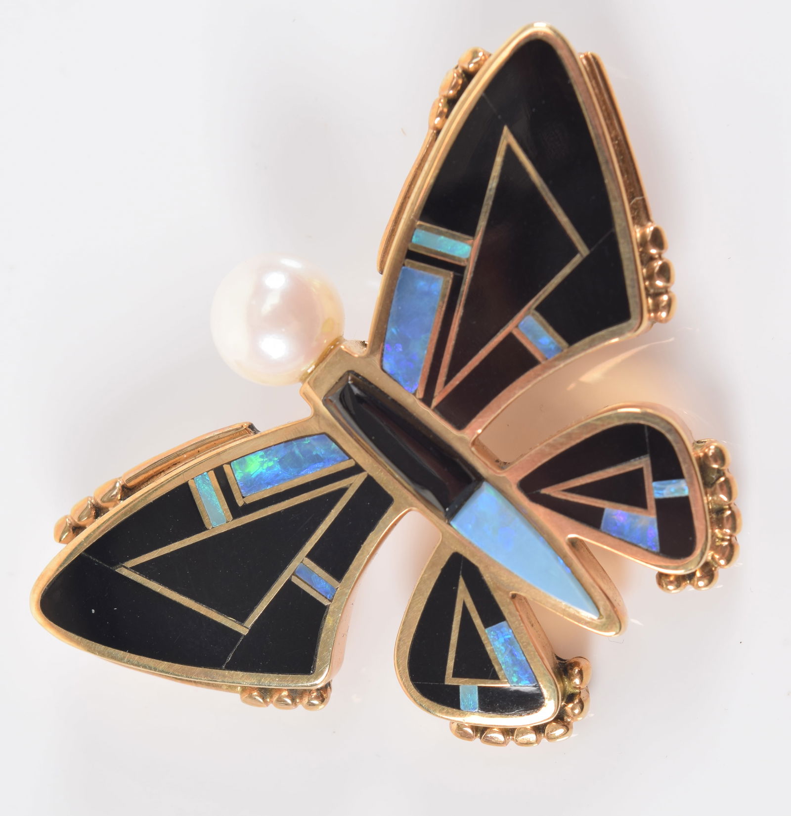 Ray Tracey 14K gold southwestern style inlaid butterfly pin. Geometric inlay design of onyx and opal (1 of 4)