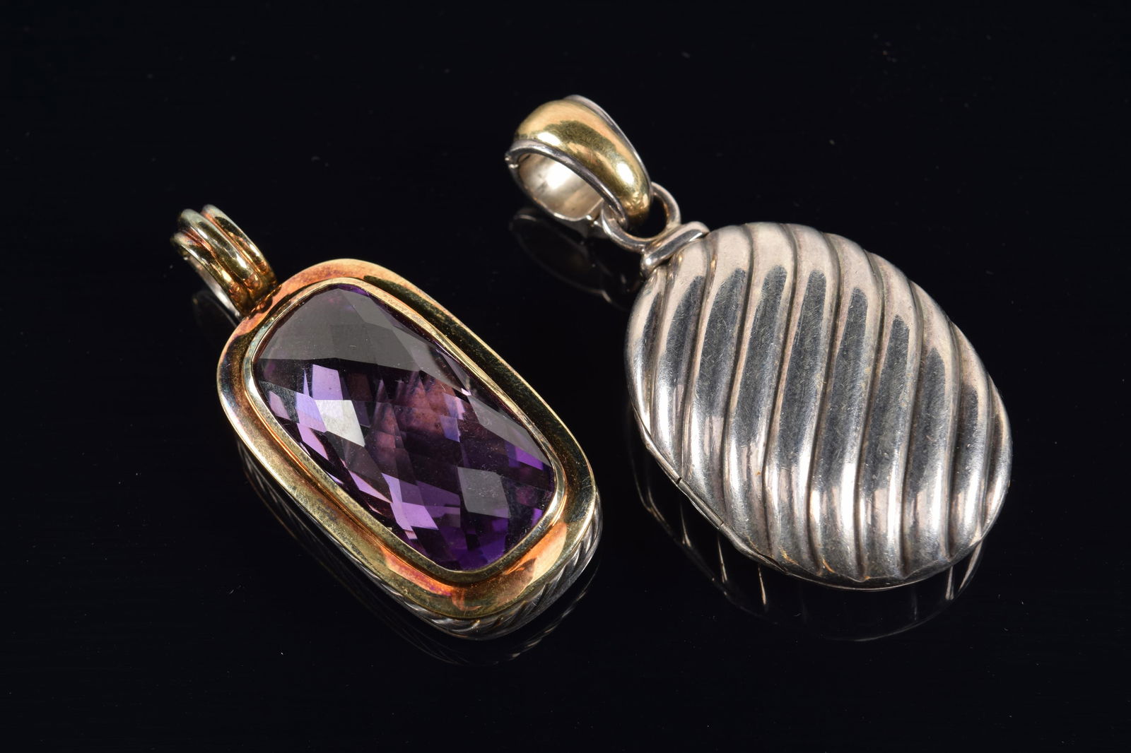 David Yurman 18K gold and sterling silver jewelry. 1) Large faceted amethyst mounted pendant. Marked (1 of 6)