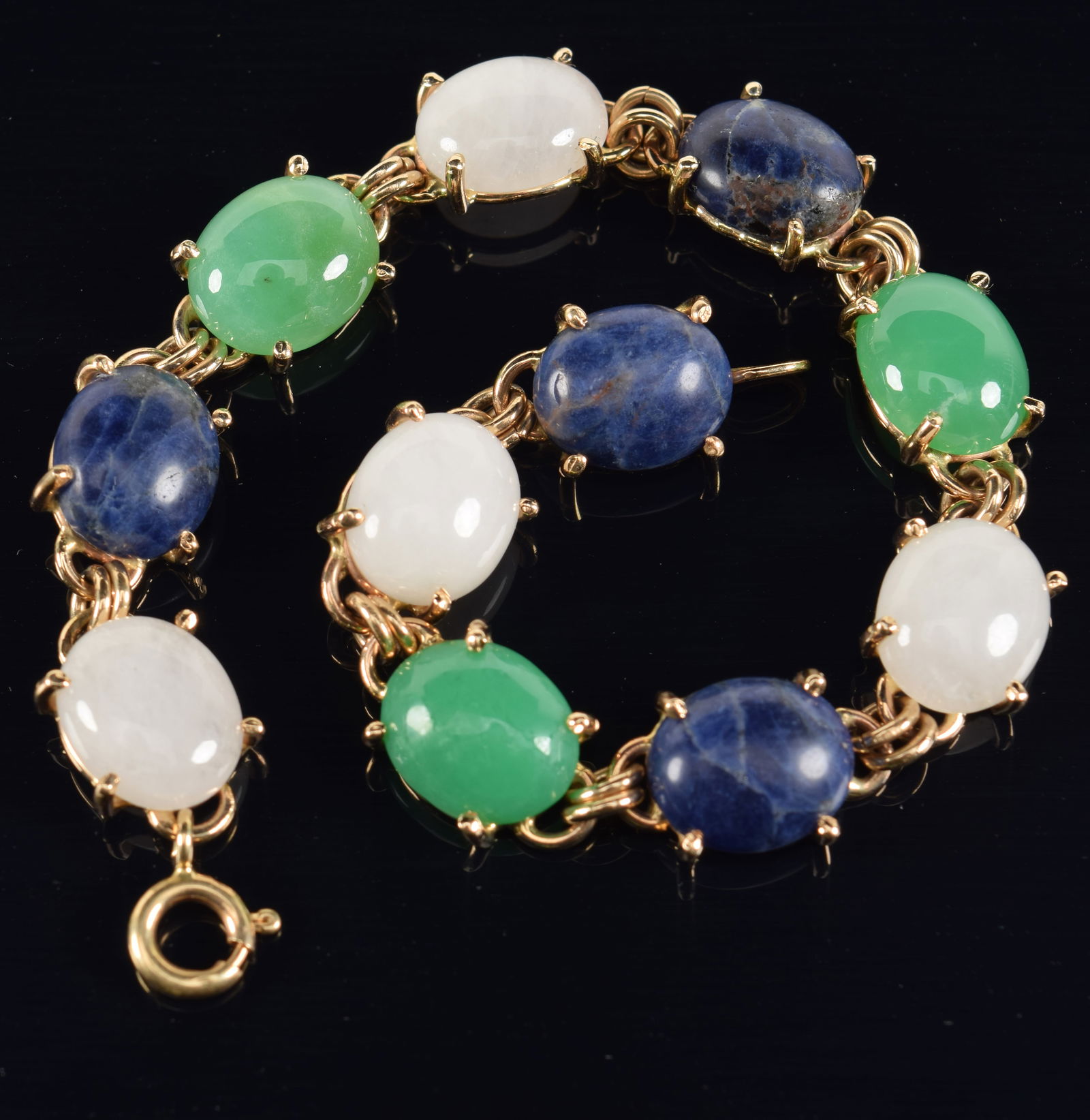 14K gold quartz, chrysoprase and sodalite cabochon mounted bracelet. Clasp marked 585. 7.25in (1 of 3)