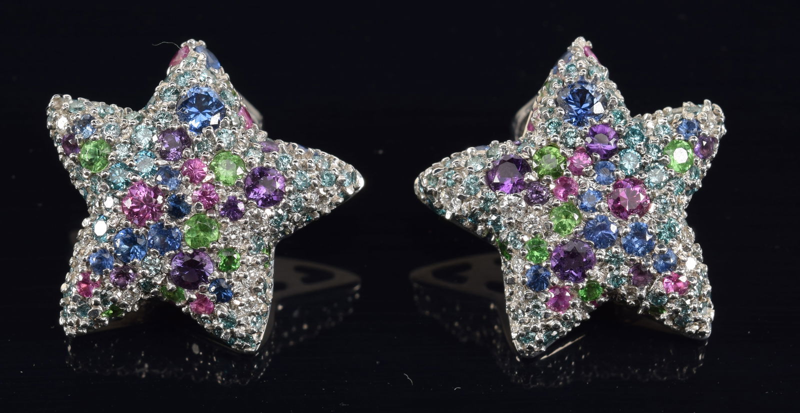 Breuning 18K white gold gemstone studded star form earrings. Diamond and multi colored and sized (1 of 4)