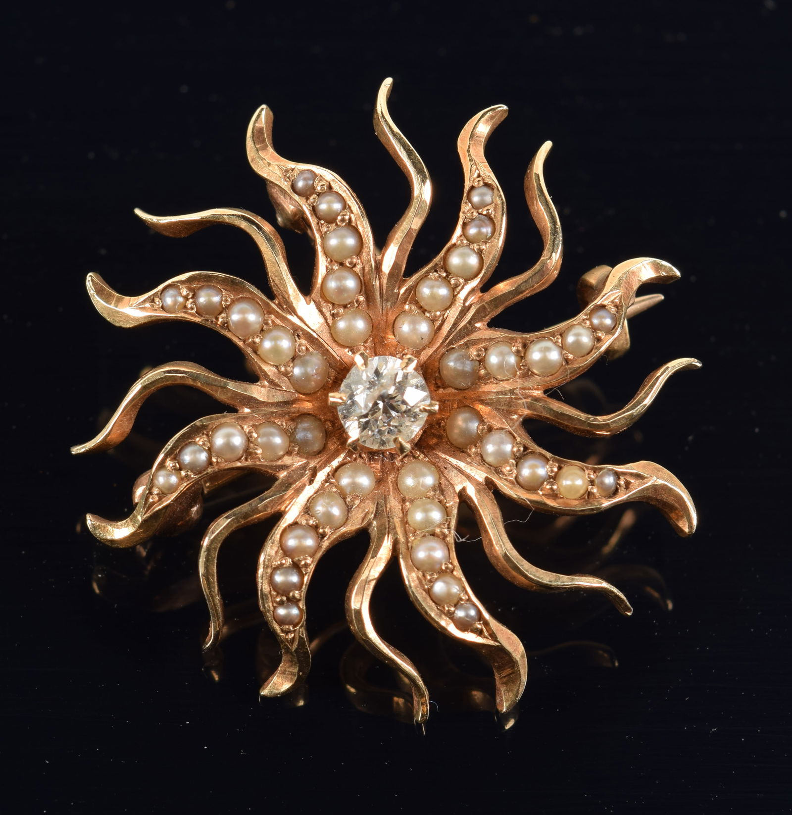 14K gold diamond starburst design pin set with pearls. Marked 14K. Round cut diamond measures 3.6mm (1 of 3)