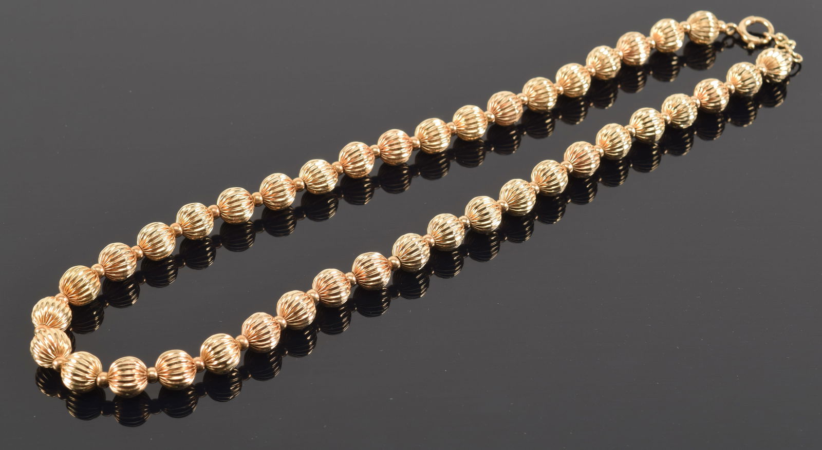 14K gold fancy bead necklace. Clasp marked 14K. 16in length. 12.6 grams. (1 of 3)