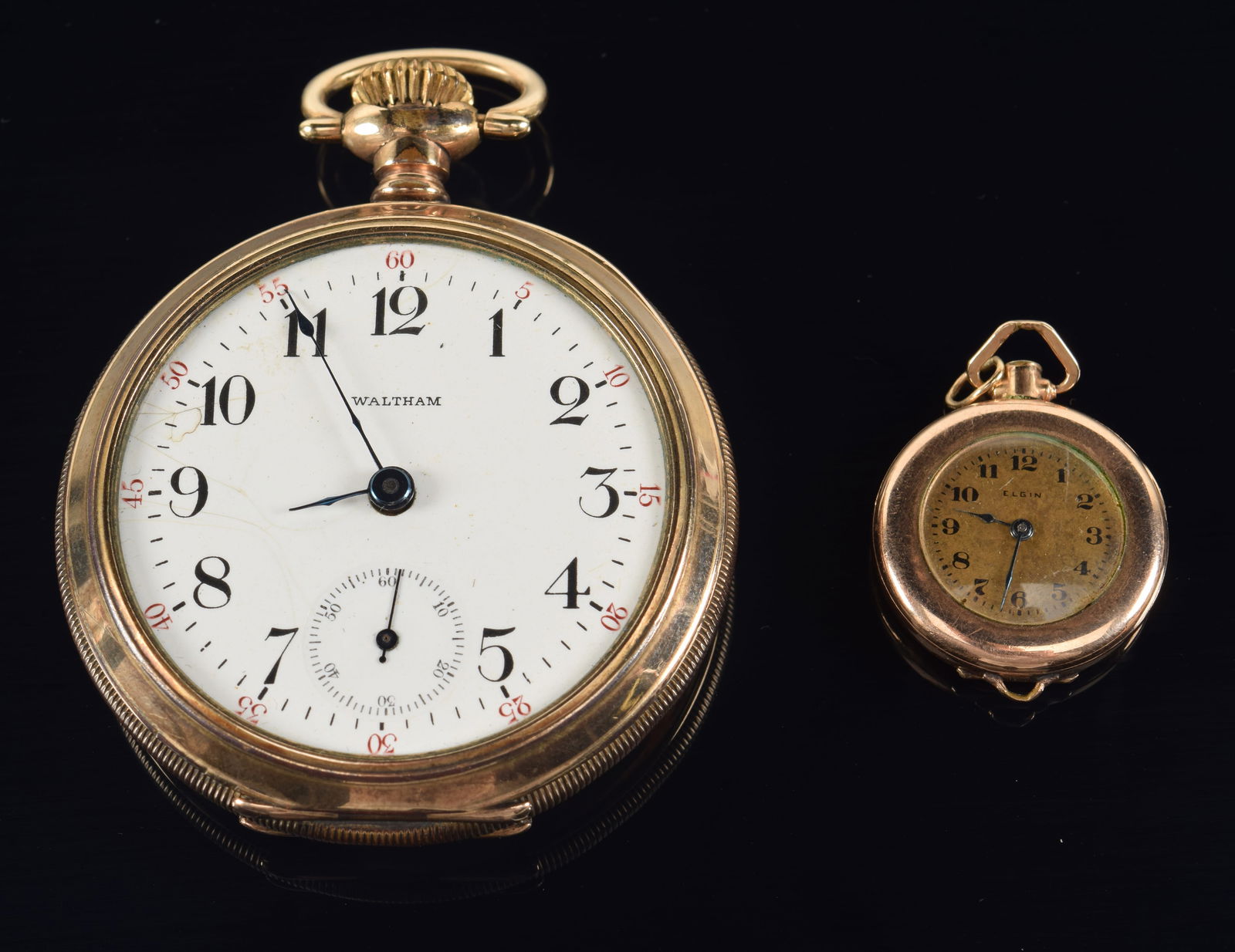 2 antique gold filled watches. 1) Waltham pocket watch. Crystal missing, face with hairlines. 2) (1 of 5)