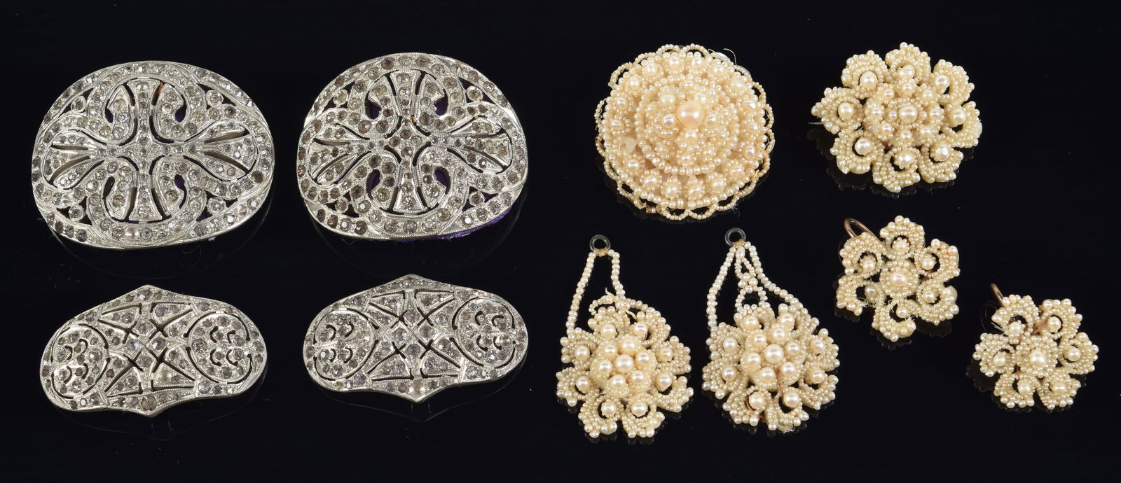 19th century accessories. 1) Suit of seed pearl jewelry including 2 pairs of earrings and 2 pins. (1 of 5)