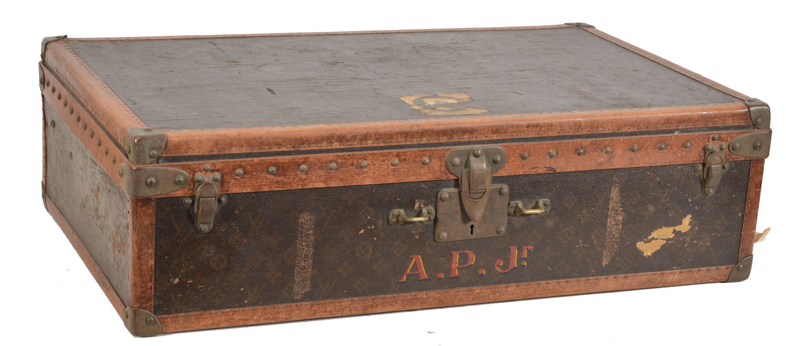 Louis Vuitton suitcase, early 20th Century. Unrestored. Monogrammed canvas, brass hardware. Label (1 of 16)