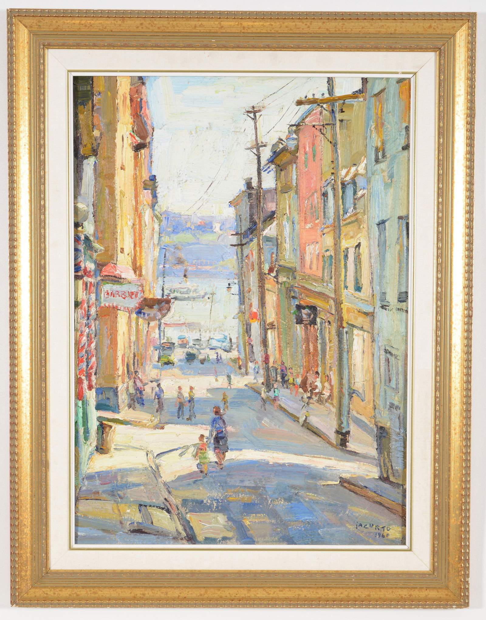 Francesco Iacurto. 1960. "San Marco". Street scene with cars and figures. Oil on canvas. Signed and: Francesco Iacurto. 1960. "San Marco". Street scene with cars and figures. Oil on canvas. Signed and dated lower right. Titled on stretcher. Framed. Image: 27.5 x 20in. Overall: 35 x 27in.