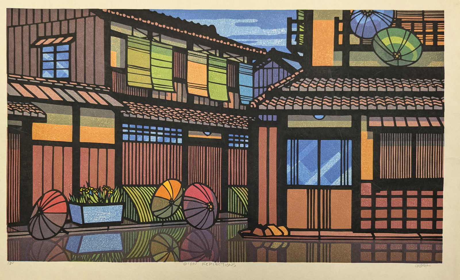 Clifton Karhu. "Gion Reflections". Color woodblock print of umbrellas and buildings in a city street (1 of 4)