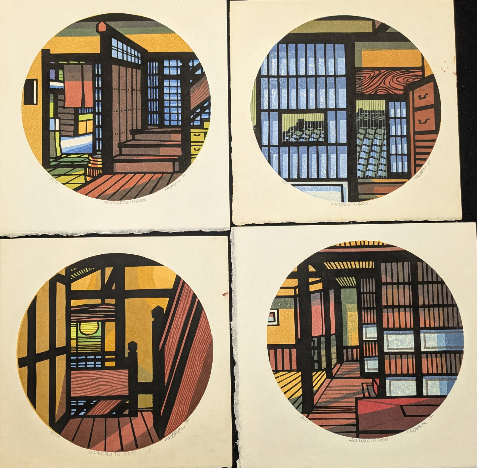 Clifton Karhu. Gion Kiridoshi series. 4 color woodblock prints of interior scenes. 1) "Hallway in: Clifton Karhu. Gion Kiridoshi series. 4 color woodblock prints of interior scenes. 1) "Hallway in Gion". 1978. 19/100. 2) "Windows in Gion". 1978. Artist proof. 3) "Stairway in Gion". 1978. 21/100. 4)