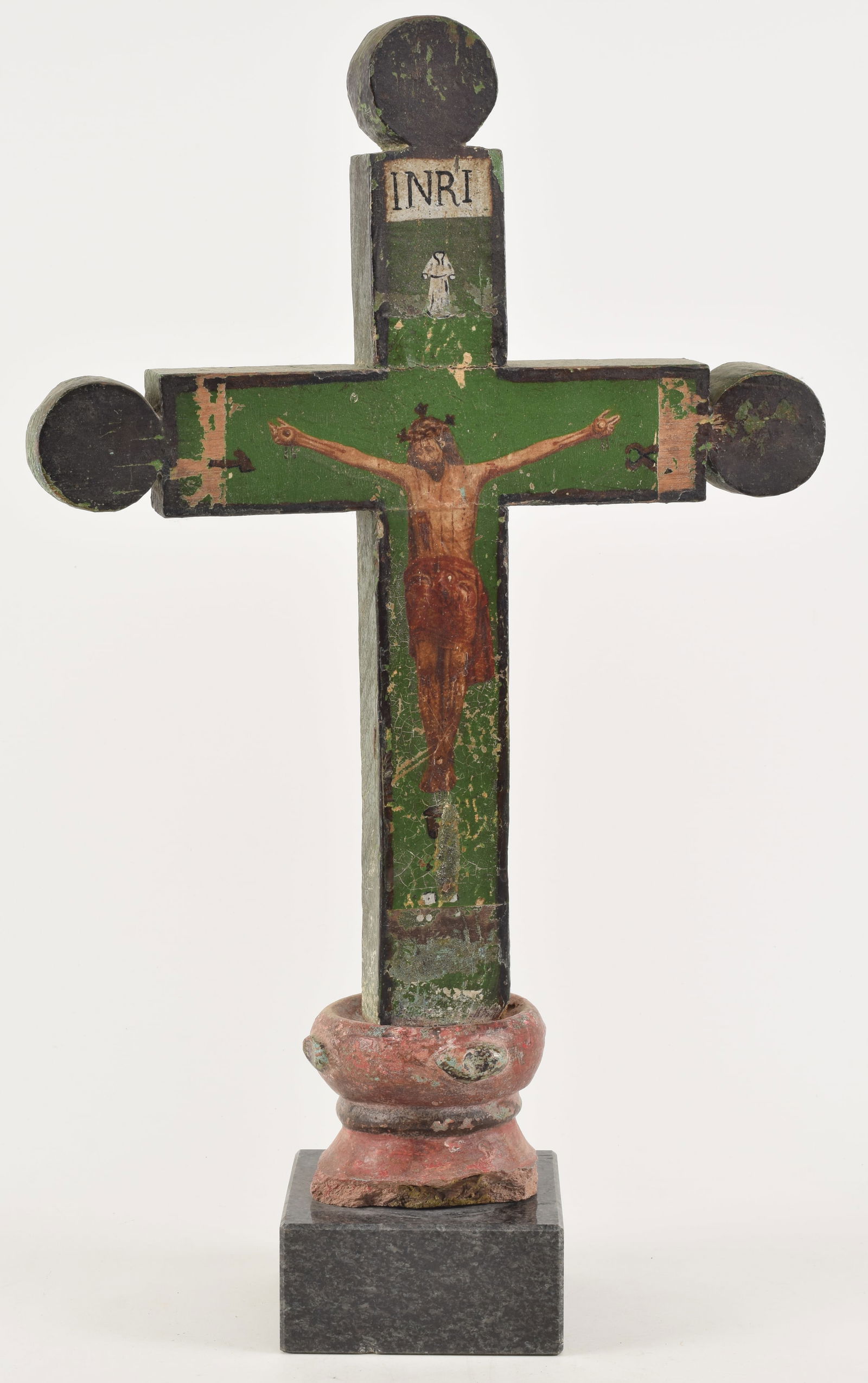 19th century polychrome painted crucifix. Hand painted figure of Christ on a green and black ground (1 of 6)