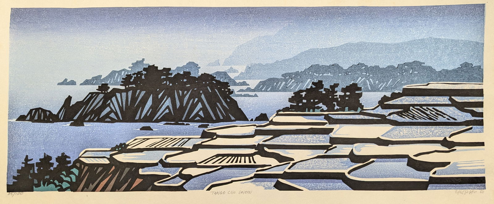 Clifton Karhu. "Tangocho Snow". Color woodblock print of a winter coastal landscape. Signed, titled, (1 of 4)