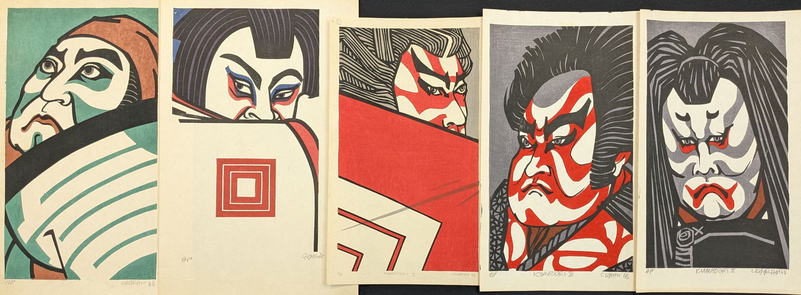 Clifton Karhu. Kabuki series. 5 color woodblock prints of Japanese actors. To include: 1) "Kumadori (1 of 7)