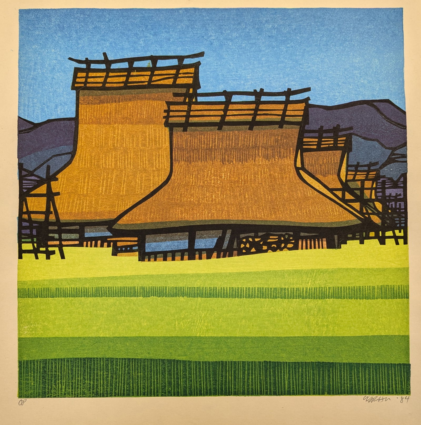 Clifton Karhu. Color woodblock print of a farm with fields of wheat (likely "Wachi Farms"). Signed,: Clifton Karhu. Color woodblock print of a farm with fields of wheat (likely "Wachi Farms"). Signed, dated 1984, and artist proof lower margin. Image: 16 x 16in. Sheet size: 18.5 x 18.75in.