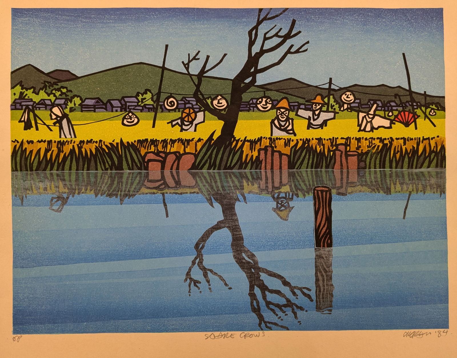 Clifton Karhu. "Scarecrows". Color woodblock print of scarecrows in a field of wheat with: Clifton Karhu. "Scarecrows". Color woodblock print of scarecrows in a field of wheat with reflections in the water. Signed, titled, dated 1984, and artist proof edition lower margin. Image: 12 x 16in.