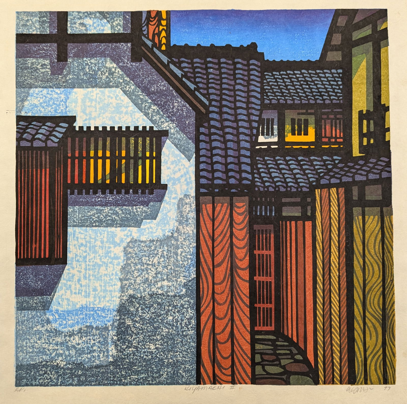 Clifton Karhu. "Kiyamachi II". Color woodblock print of rooftops and buildings. Signed, titled,: Clifton Karhu. "Kiyamachi II". Color woodblock print of rooftops and buildings. Signed, titled, dated 1977 and artist proof edition lower margin. Image: 16 x 16in. Sheet size: 18 x 18.5in.