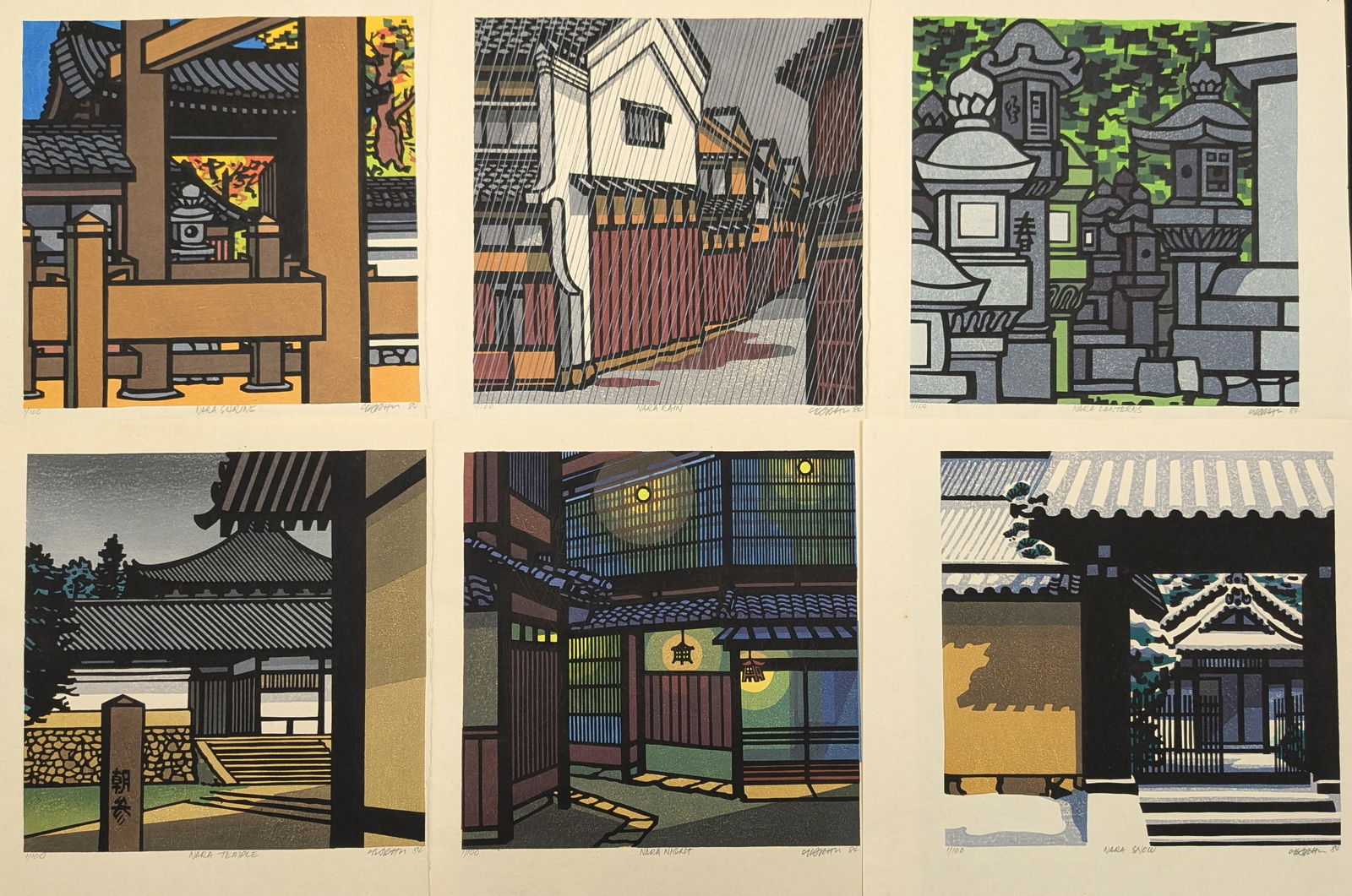 Clifton Karhu. Nara series. 6 color woodblock prints to include: 1) "Nara Temple". 2) "Nara Shrine". (1 of 8)